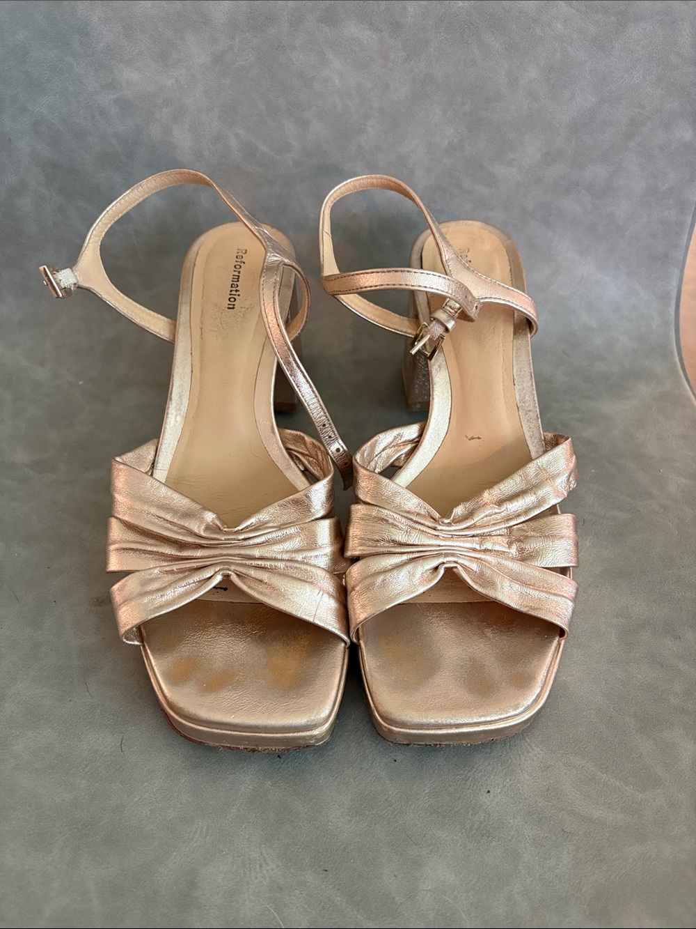 Reformation Metallic Gold Knotted Strap Heels